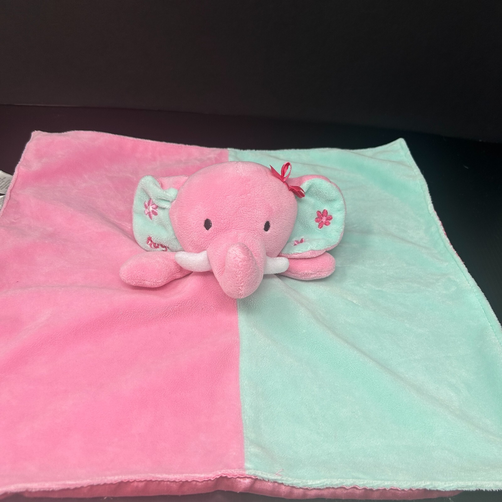 Okie Dokie Pink Green Elephant Baby Lovey Security Blanket Rattle Hugs Satin