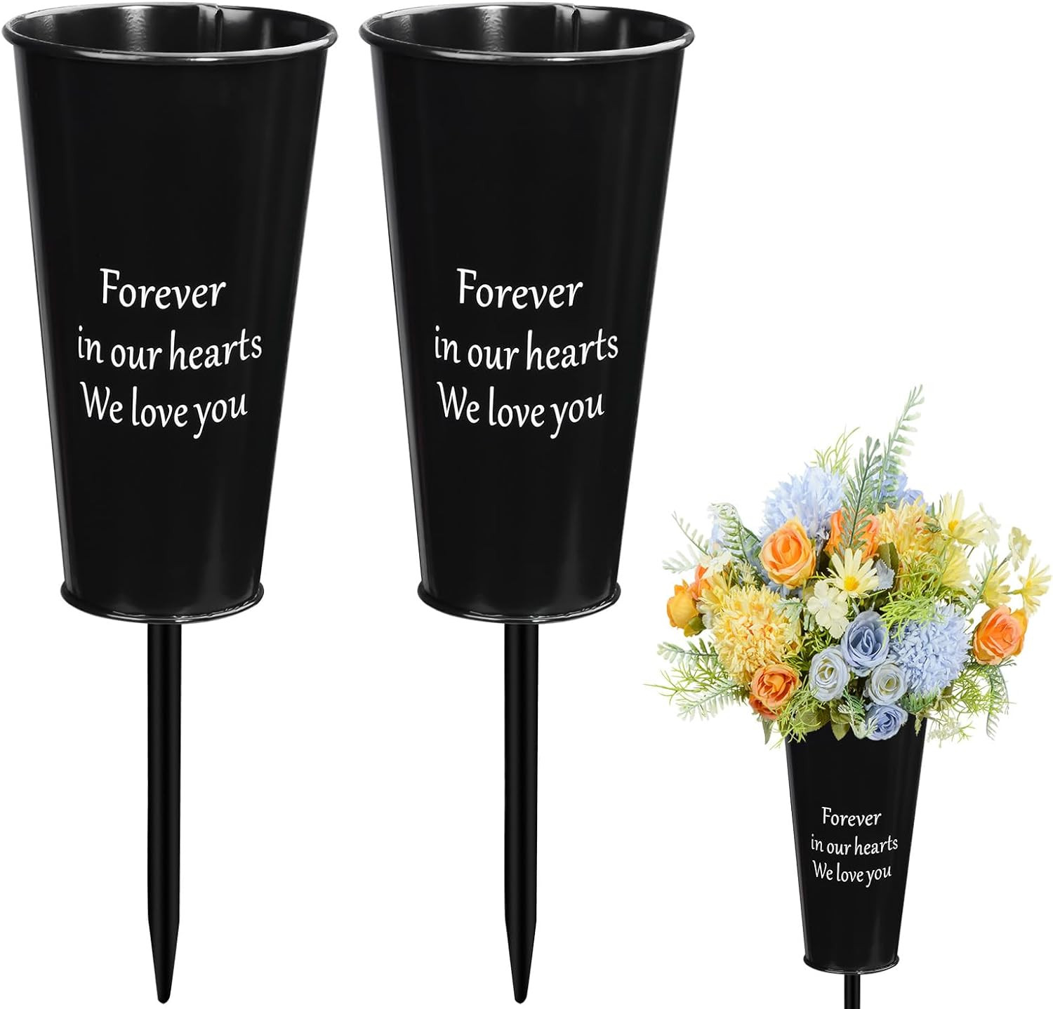 Metal Cemetery Vases, 2 Pcs Grave Memorial Vases with Stakes Graveside Flower