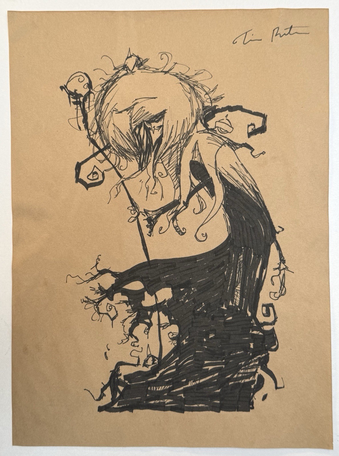Tim Burton (Handmade) Drawing On Old Paper Signed, vtg art