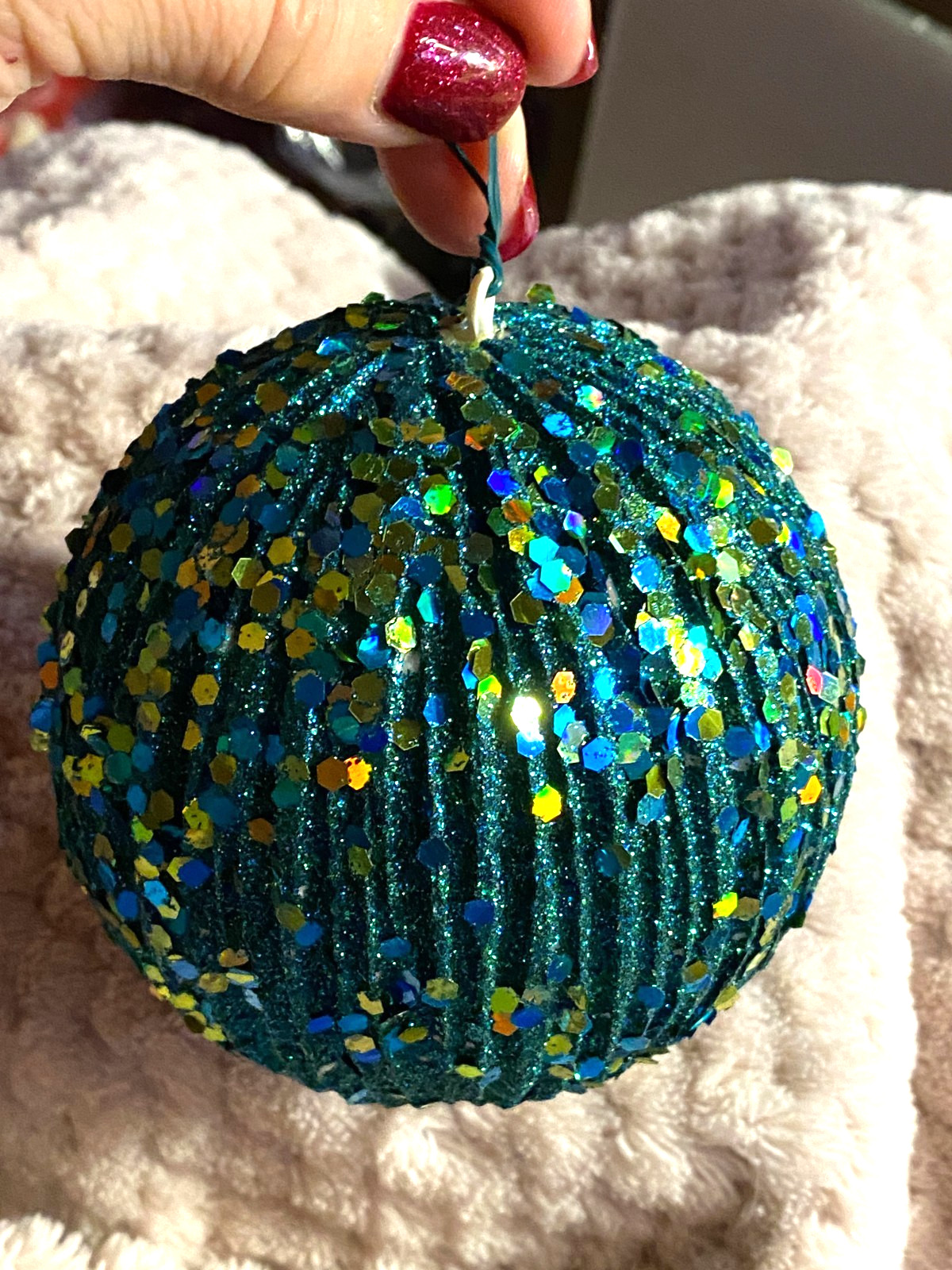 Sequin & Glitter Covered Green Ribbed Shatterproof Christmas Ornament 3.5"