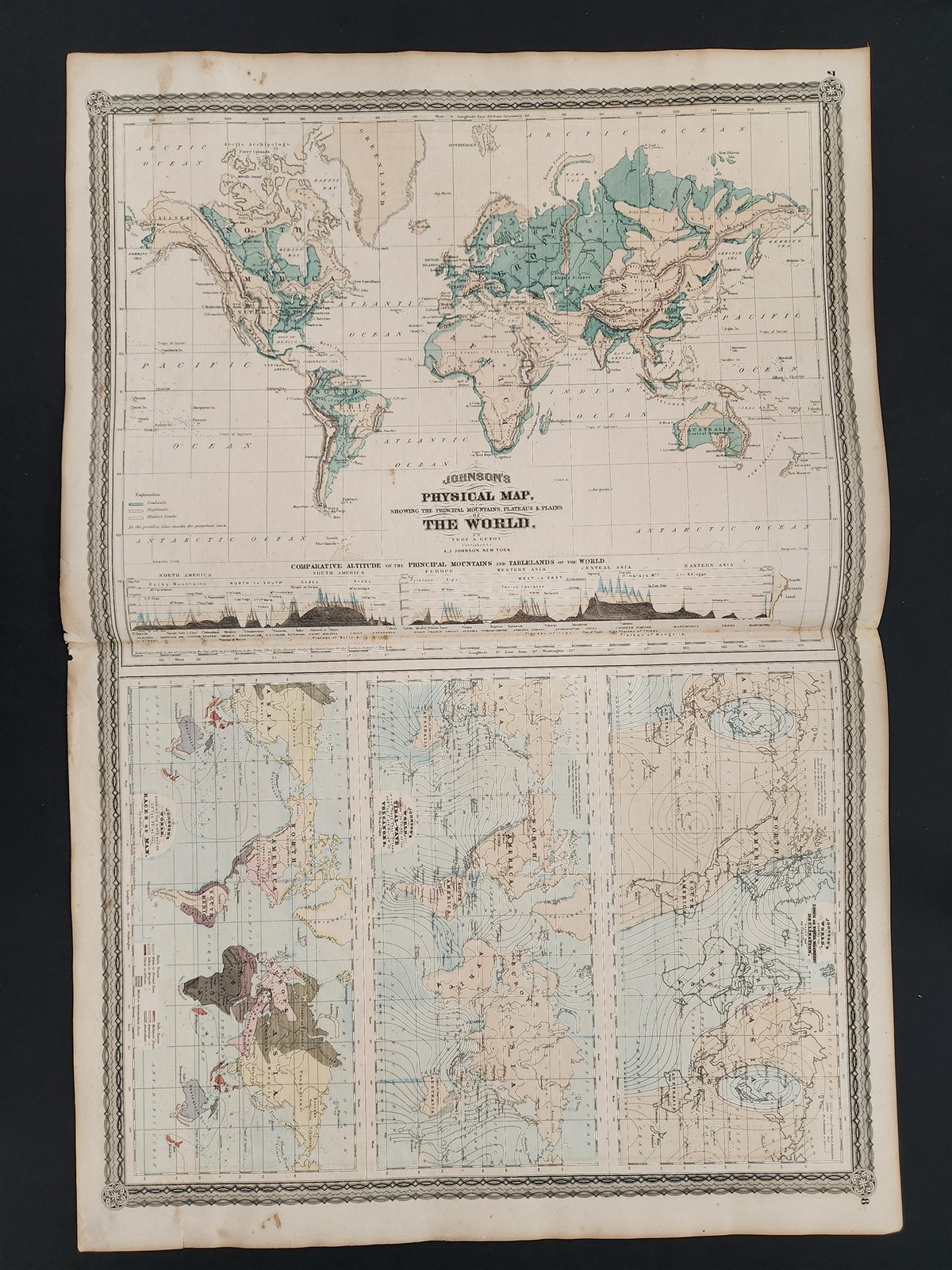 1864 antique JOHNSON’S PHYSICAL MAP OF THE WORLD hand-colored atlas map