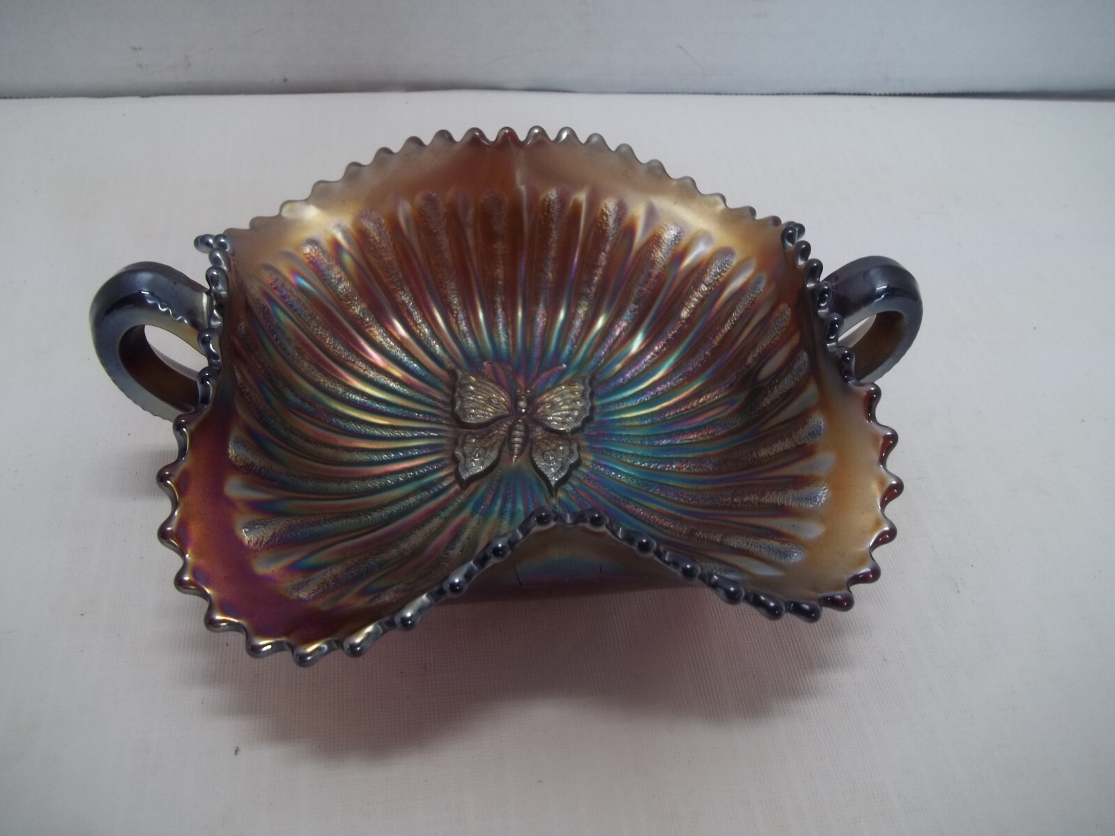 Northwood Amethyst Carnival Glass Vintage Butterfly Double Handled Bonbon Dish