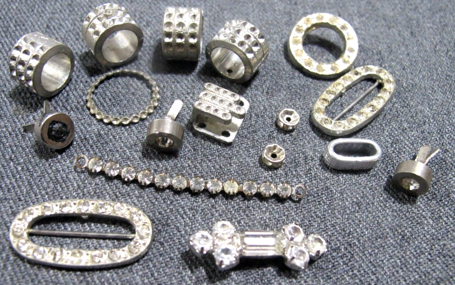 Antique art deco clear crystals silvertone metal beads appliques pieces jewelry