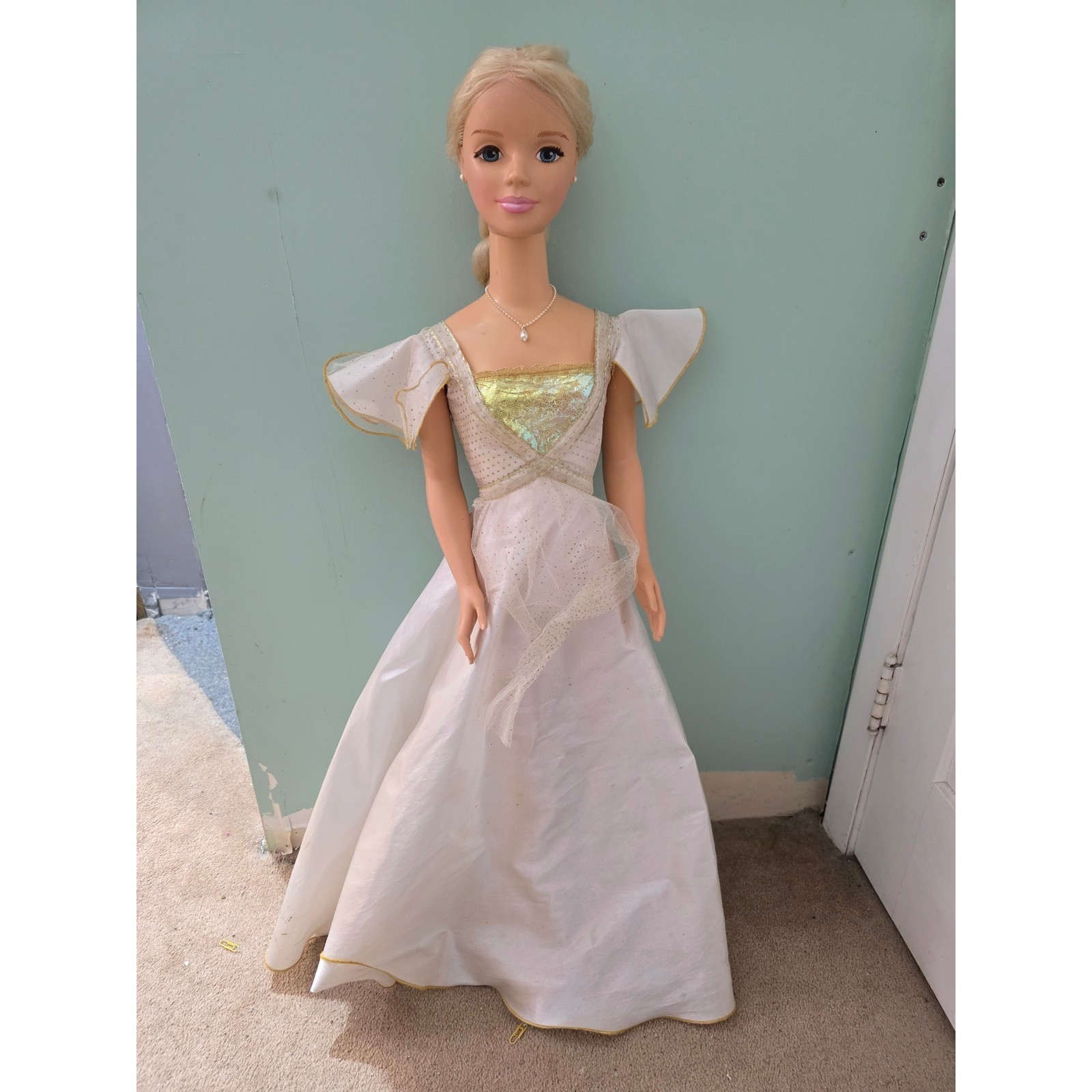 Giant Barbie Doll 3 Foot Tall Princess Gown Blonde Blue Eyes Pearl Necklace READ