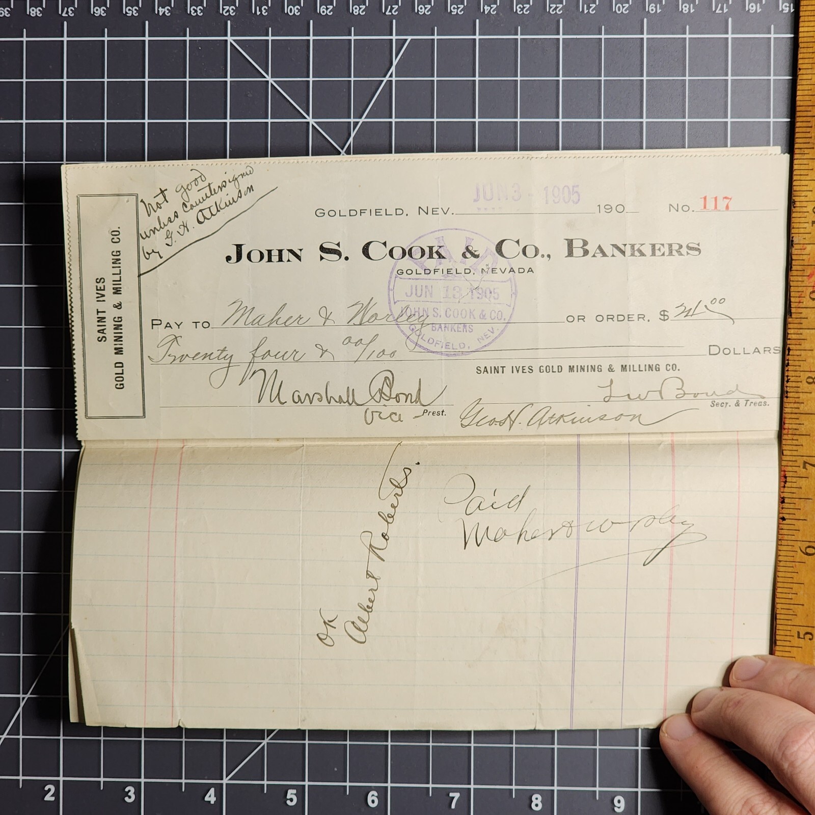 1905 St. Ives Gold Mining Milling Co. Goldfield NV John S. Cook Check Supplies