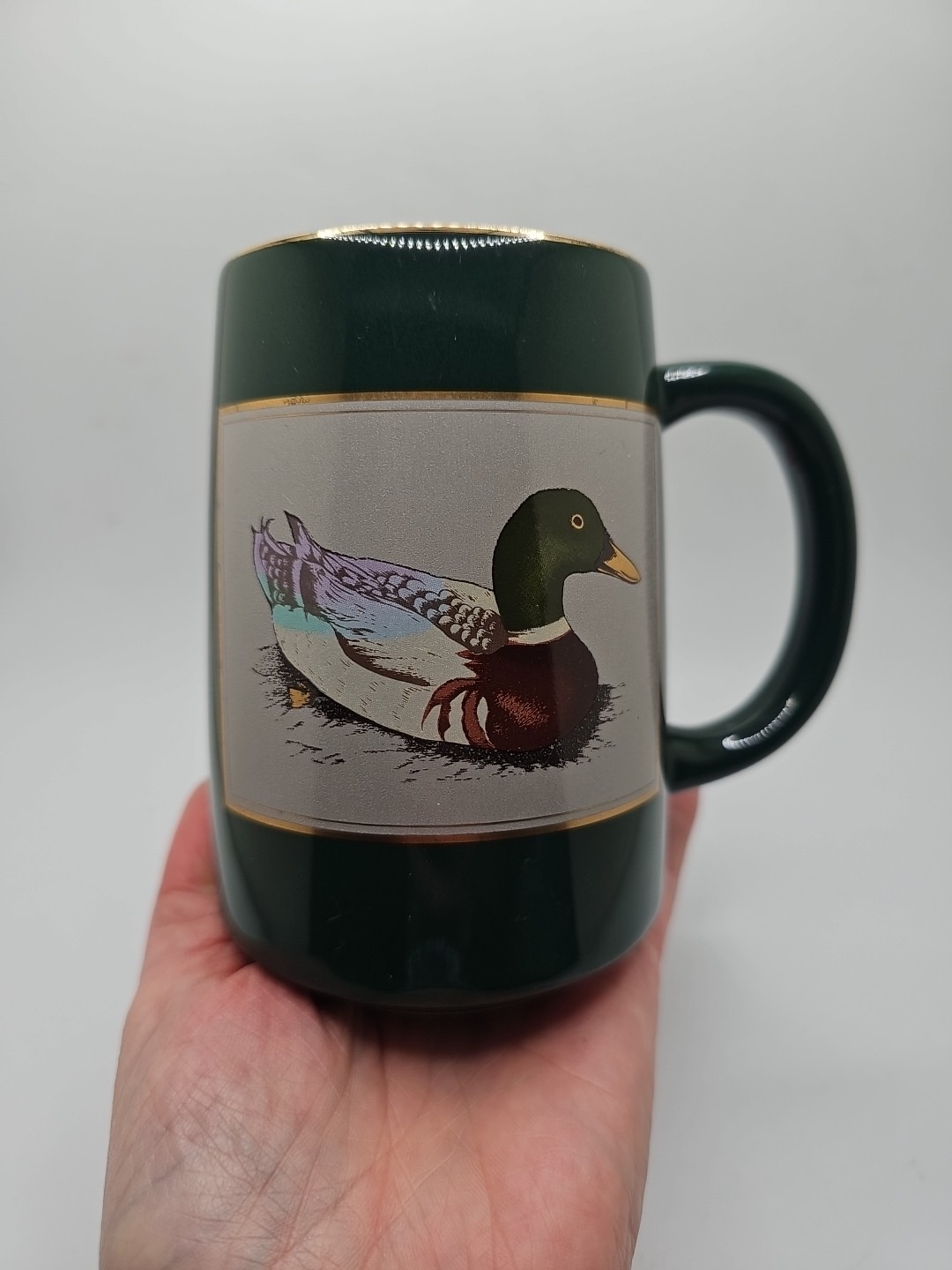 Vintage Otagiri Coffee Cup Mug Mallard Duck Waterfowl Bird Green Gold Trim Japan