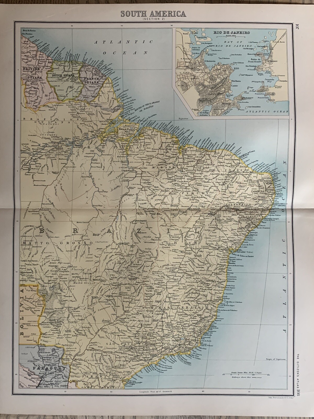 1898 BRAZIL ANTIQUE COLOUR MAP BY JOHN BARTHOLOMEW 122 YEARS OLD 46 cm x 36 cm