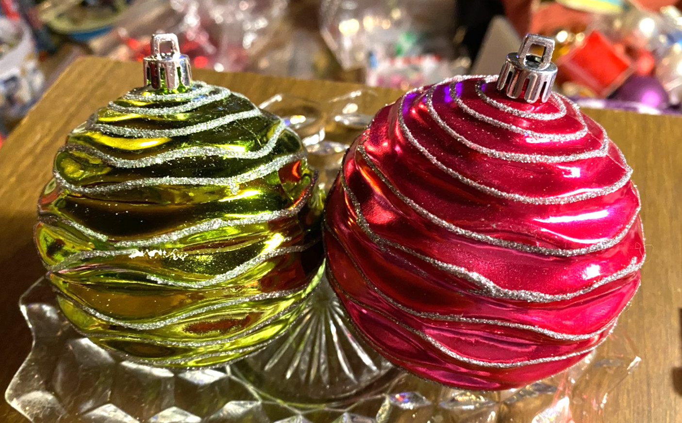 2 Green Pink Shatterproof Ribbed Christmas Ornaments 3"