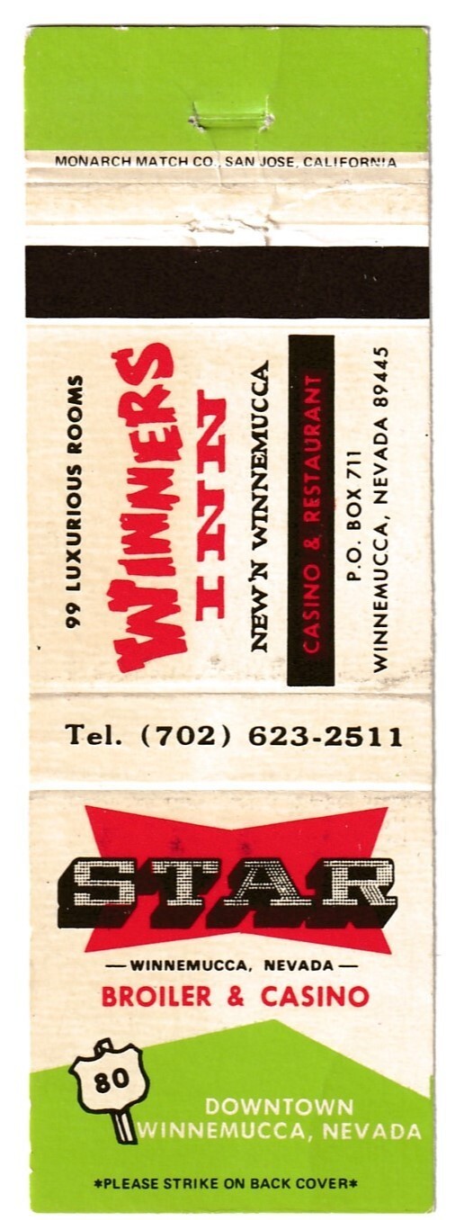 Star Broiler & Casino / Winner's Inn Matchbook Cover Winnemucca Nevada #1 c