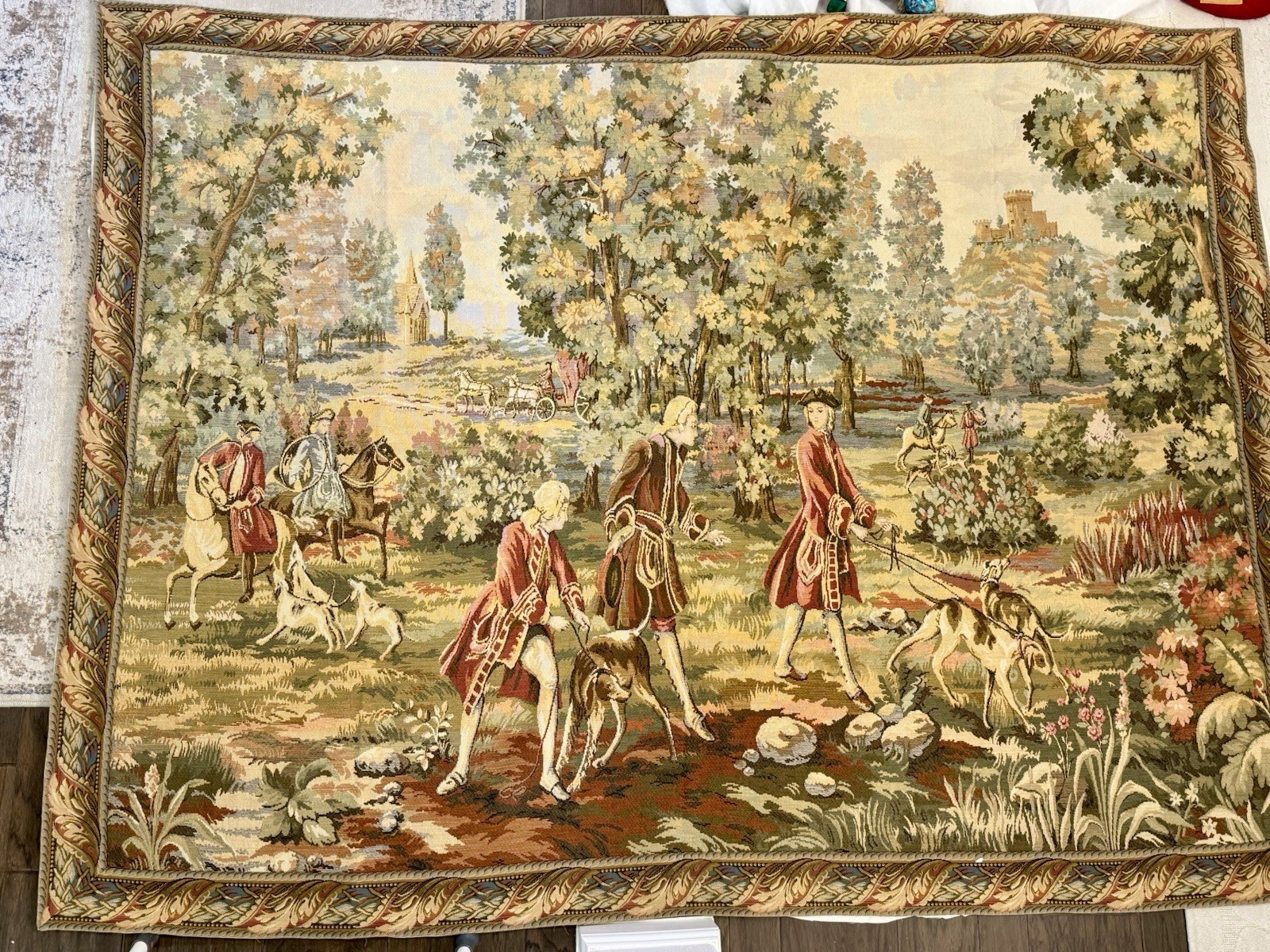 Vintage French or Italian tapestry depicting an 18th-century royal hunting scene
