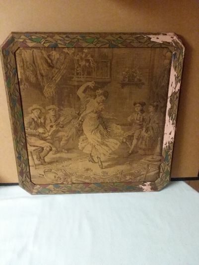 Tapestry Dancing Girl with strumming Guitarists.   Old   perhaps Antique  