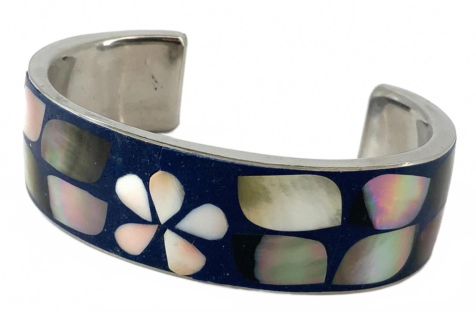 Vintage Alpaca Shell Boho Cuff Bracelet Blue Inlay Floral Silvertone Bangle