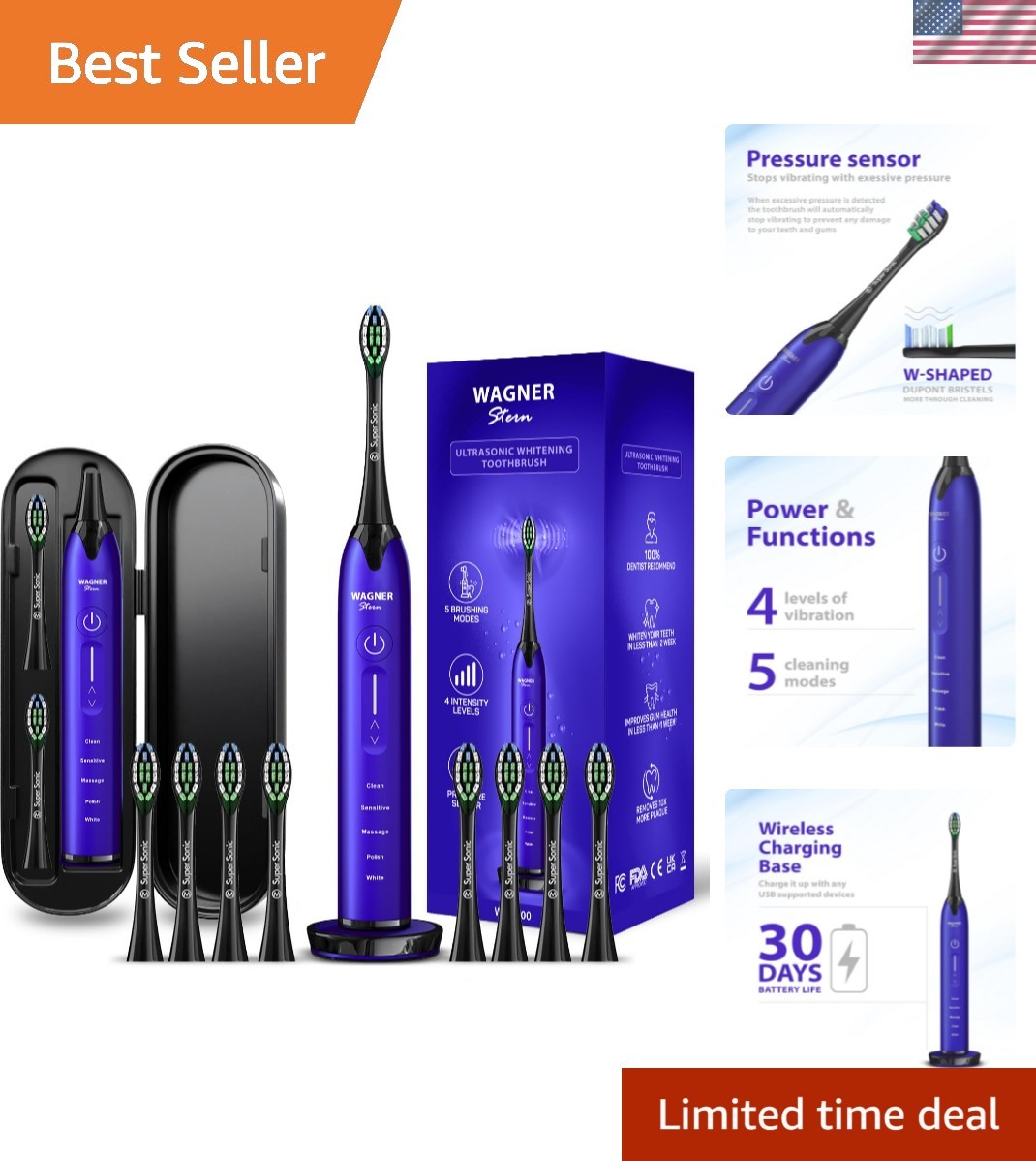 Ultrasonic whitening Toothbrush with Pressure Sensor. 5 Brushing Modes and 4 ...