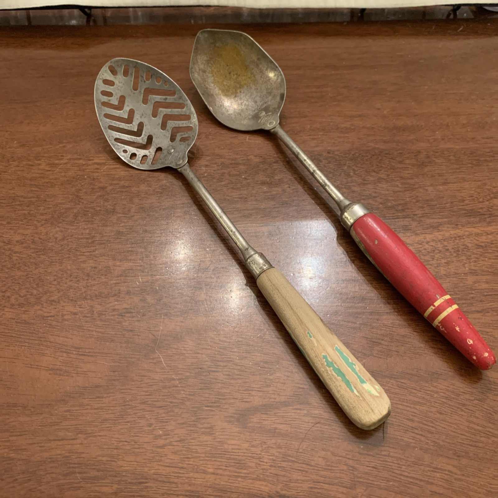 Scraper Spoon- Slotted Spoon- A&J CO- Wooden Handle- Distressed Paint- Red-Green