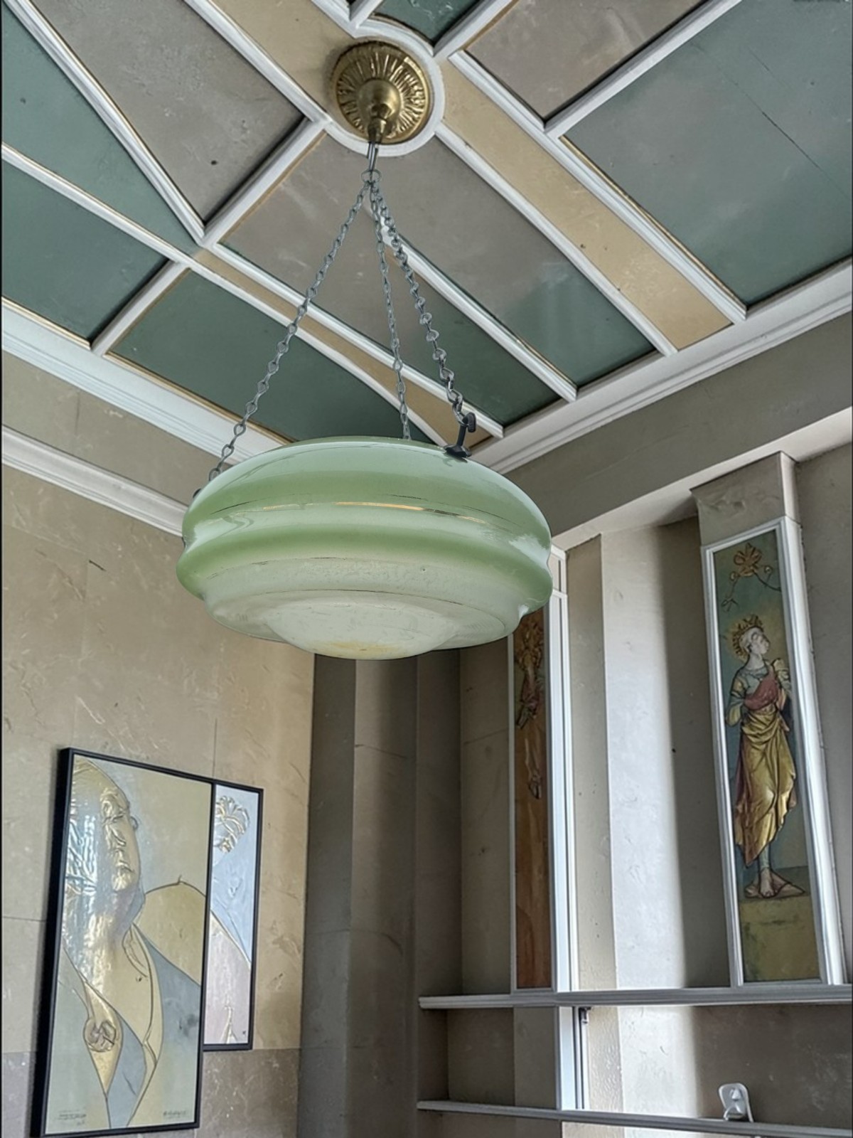 Art Deco 1930s Flycatcher Shade Lamp Large Ceiling Plaffonier Green