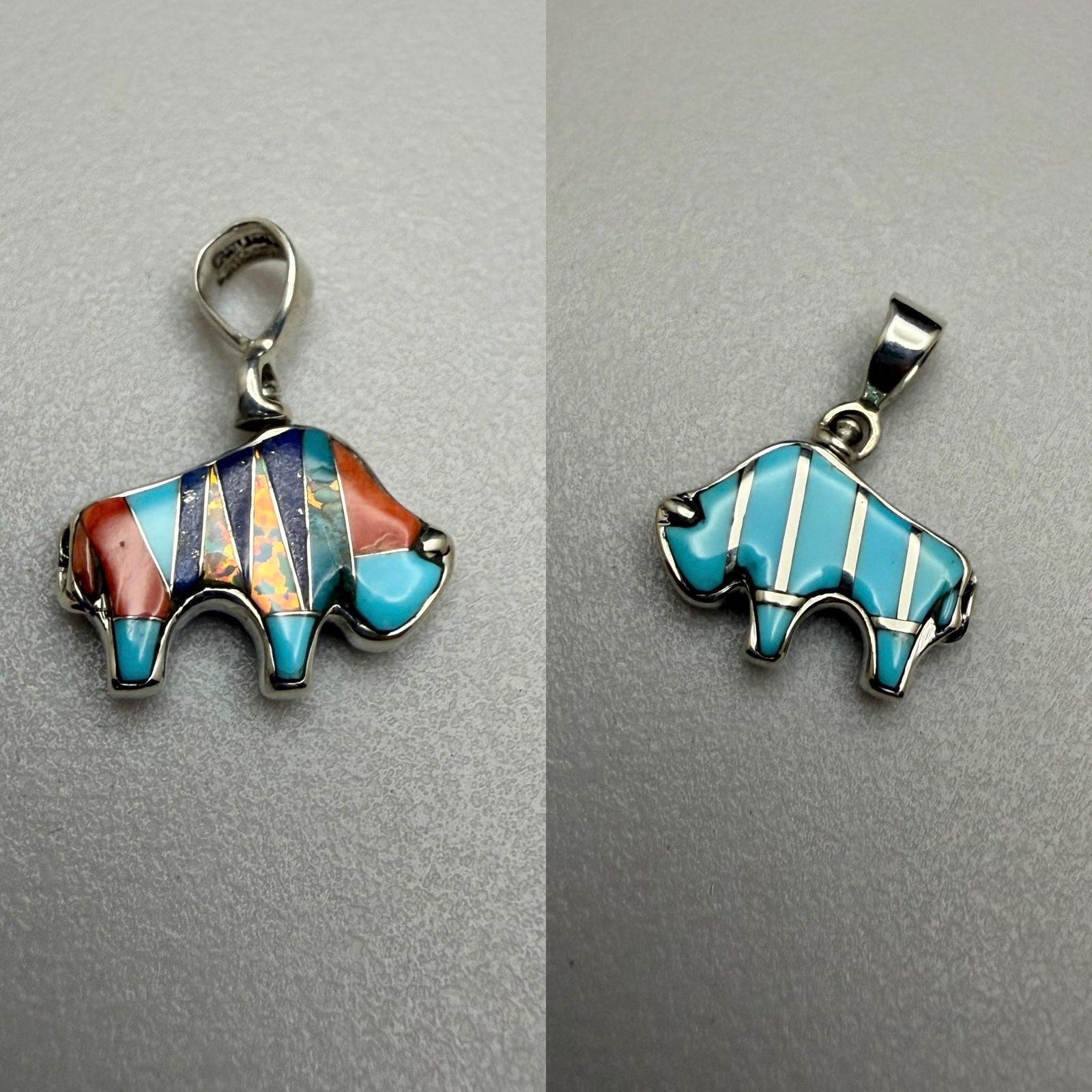 Southwest Sterling Silver Turquoise & Opal Inlay Buffalo Double Sided Pendant