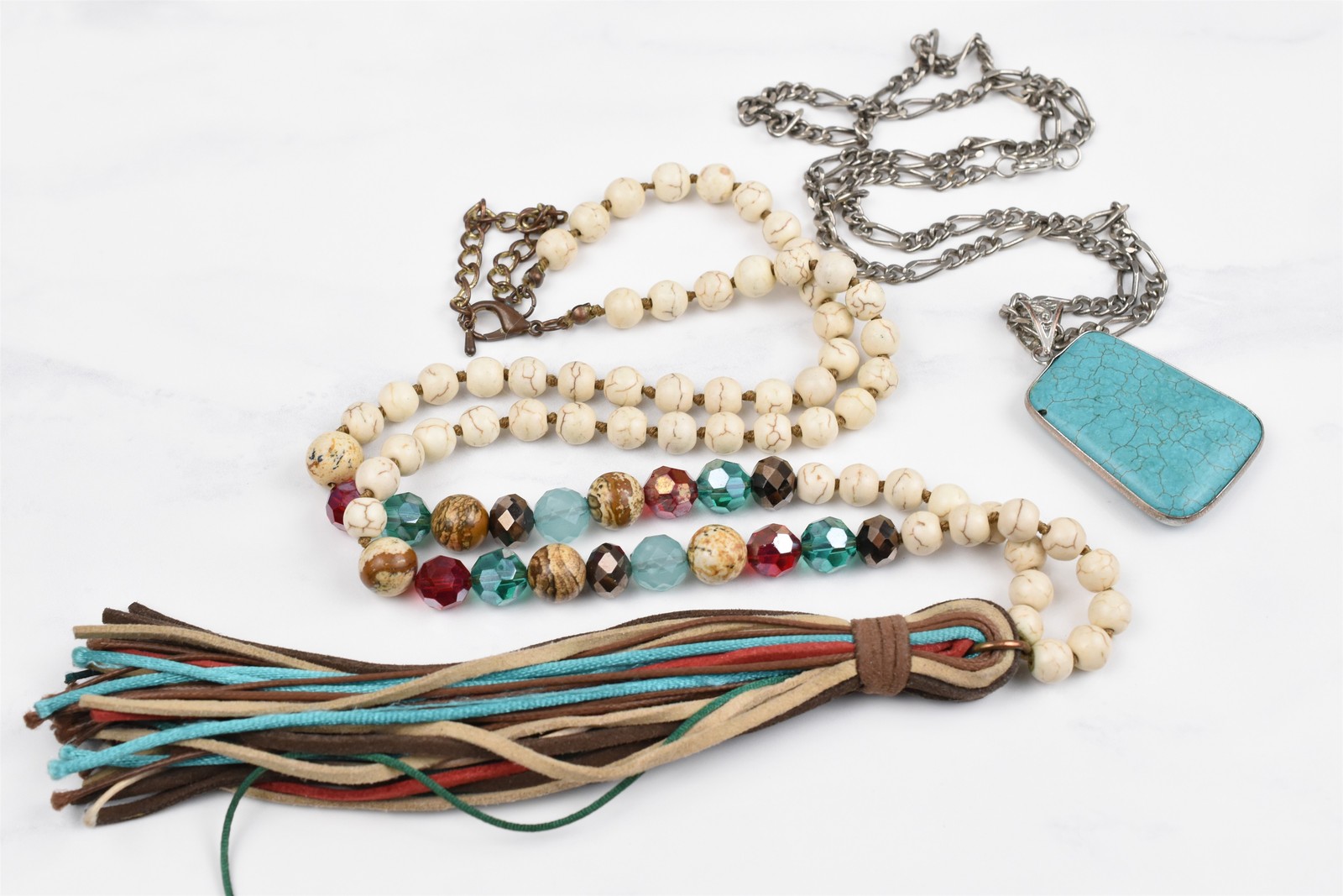 Handmade Studio 2pc Necklace Lot Howlite Jasper Glass Tassel + Turquoise Magnesi