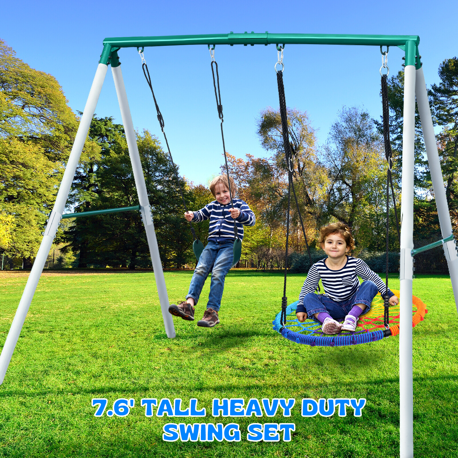 Hapfan 7.5ft Tall Metal Swing Set Heavy Duty Kids Backyard Playset with 2 Swings