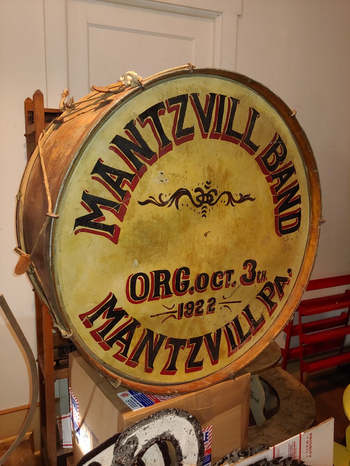 Large Antique 100 Year Old Drum,  Mantzville Pennsylvania Band Drum, 33 in. Tall