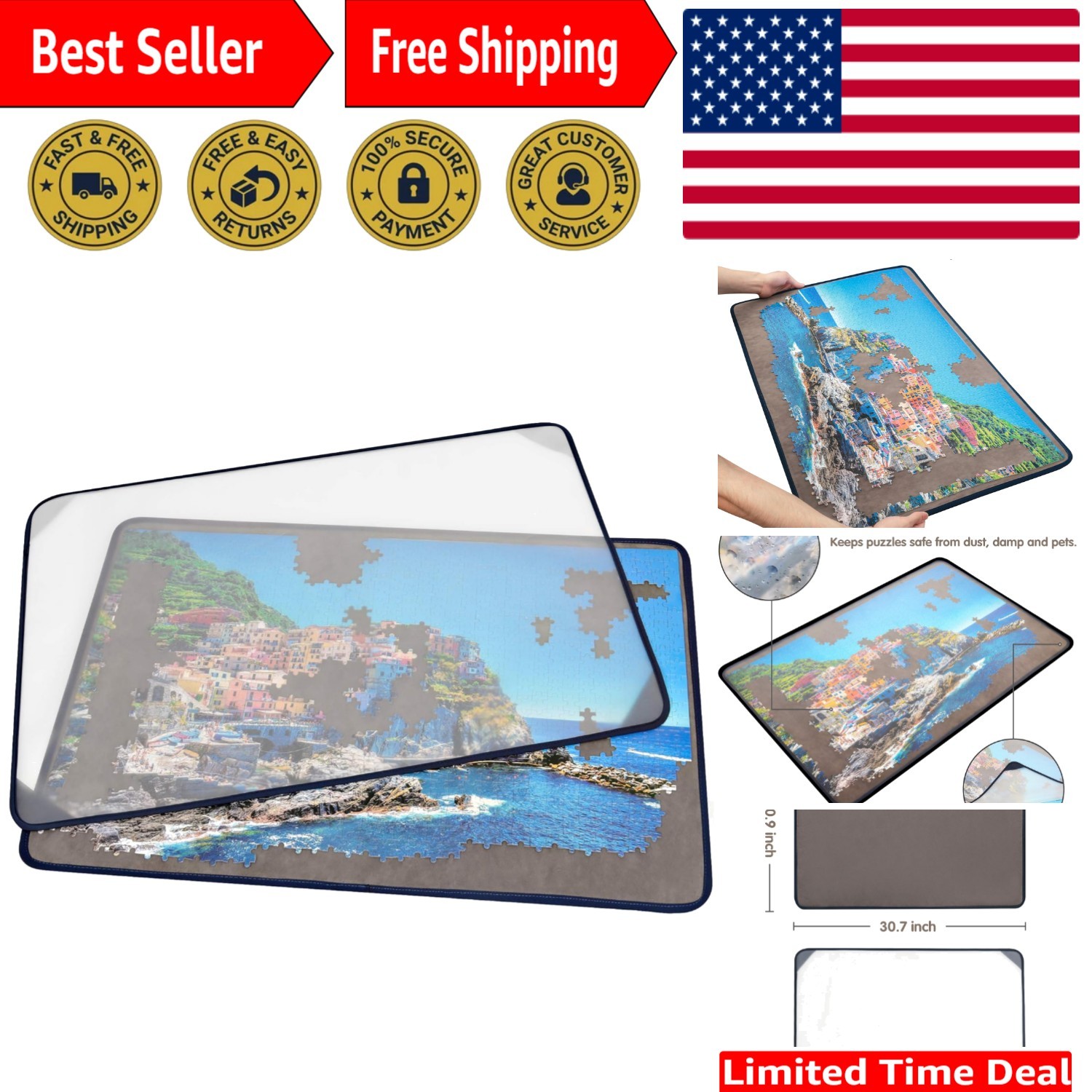 Portable Jigsaw Puzzle Mat with Dustproof Cover for Up to 1000 Pieces - Gray