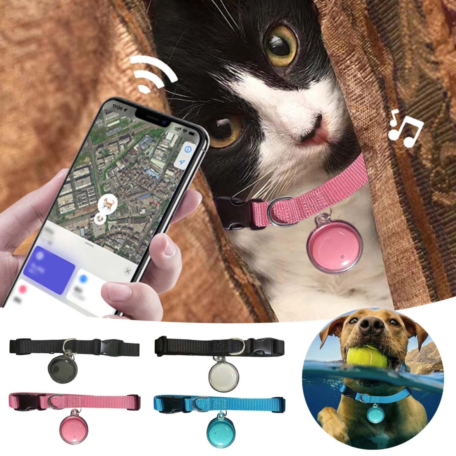 GPS Cat Collar - Waterproof Pet Location Tag For IOS Android, Smart Real-Time