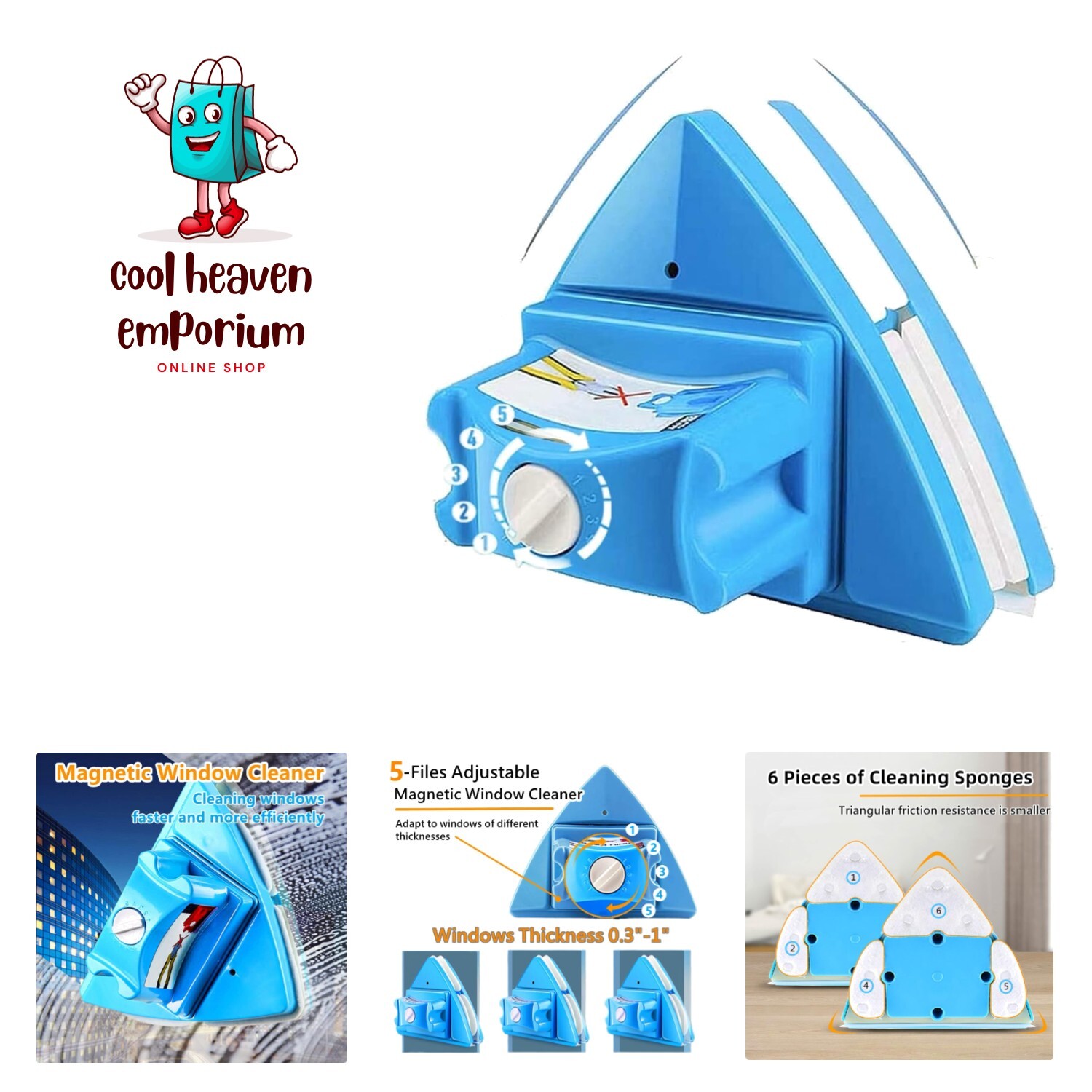 Double-Sided Window Cleaner Glass Wiper , 5-Files Adjustable Magnetic Glider ...