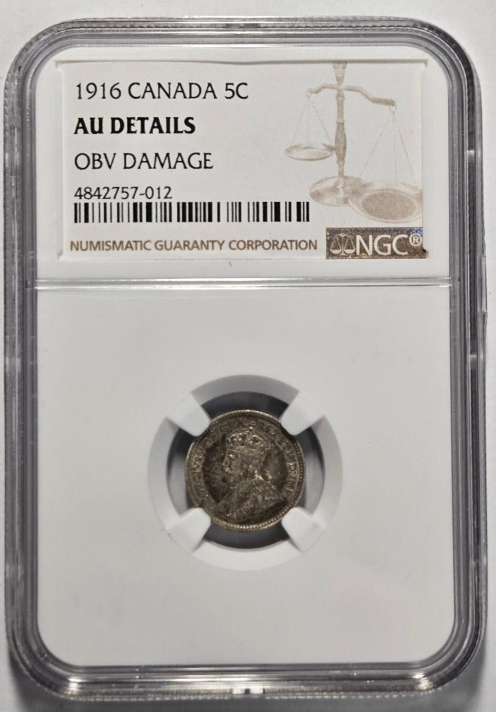 1916 CANADA 5 CENTS NGC AU DETAILS OBV DAMAGE Certified Coin
