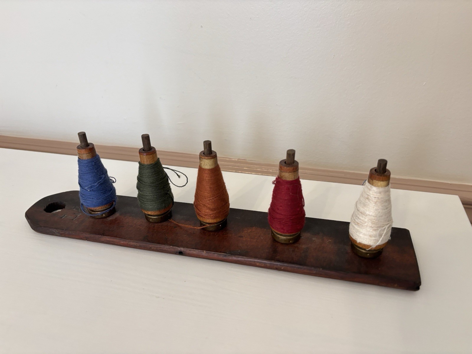 Antique Wood Textile Thread Spool Cone Bobbin Storage Rack Brass Farmhouse Decor