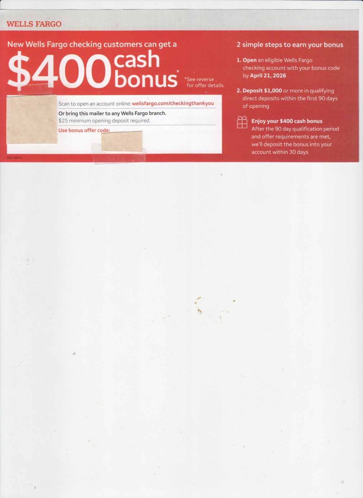 WELLS FARGO BANK CHECKING ACCOUNT $400 BONUS COUPON EXP 4/21/26