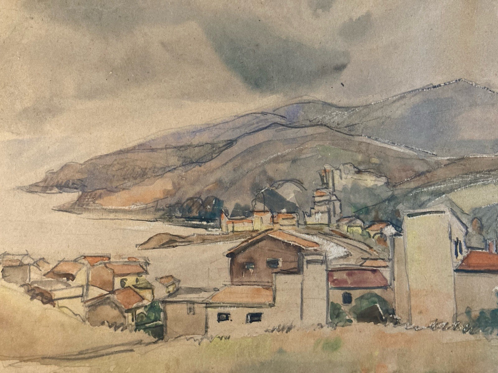 Painting Peinture Village Côte Basque ?Marine Bateau Mer Ancien 1950 Old Art XXe