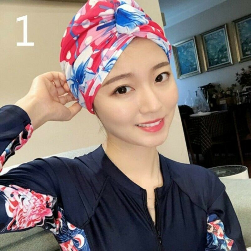 Ladies Floral Swimming Cap Turban Bathing Hat Adjustable Long Hair Sun New
