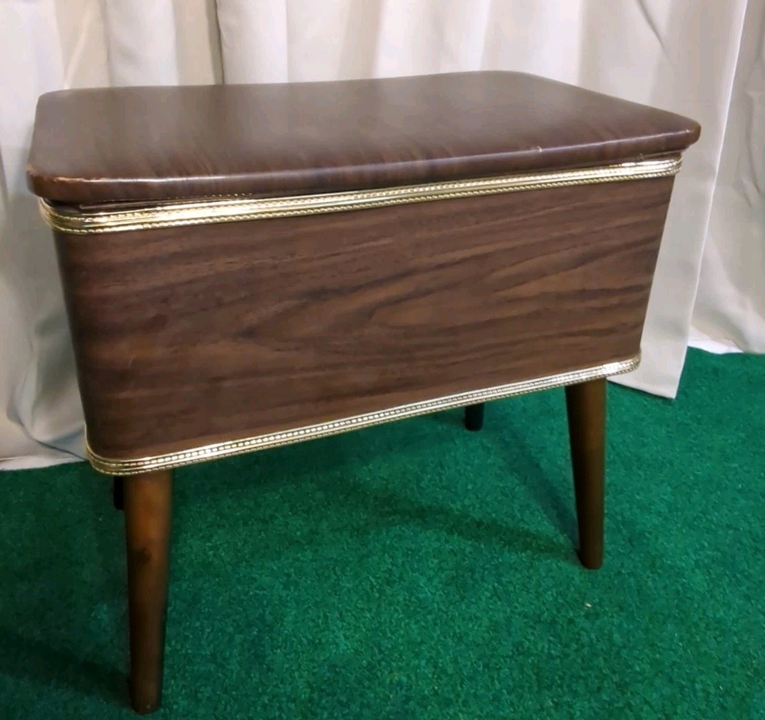 Mid Century Vtg Sewing Bench Stool Burlington 20" Box Storage Brown Gold Trim
