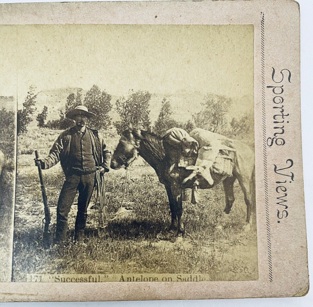 Antique Stereoview Hunter Rifle Antelope Donkey Game Sporting Views Hunting