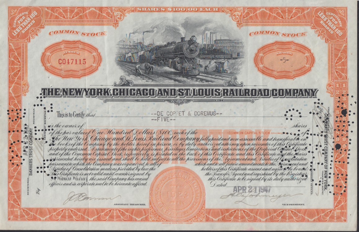 New York Chicago & St Louis Nickel Plate RR Stock Certificate 5-shares 1947
