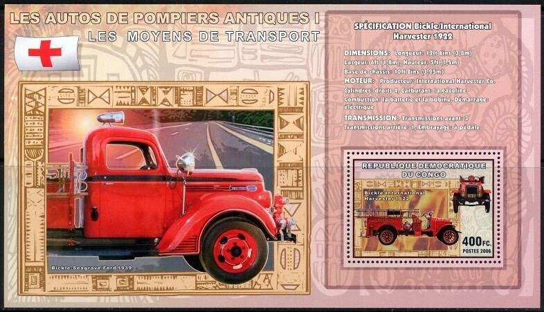 Congo 2006 MNH MS, Antique Fire Brigade, Red Cross, Harvester 1922, Transport
