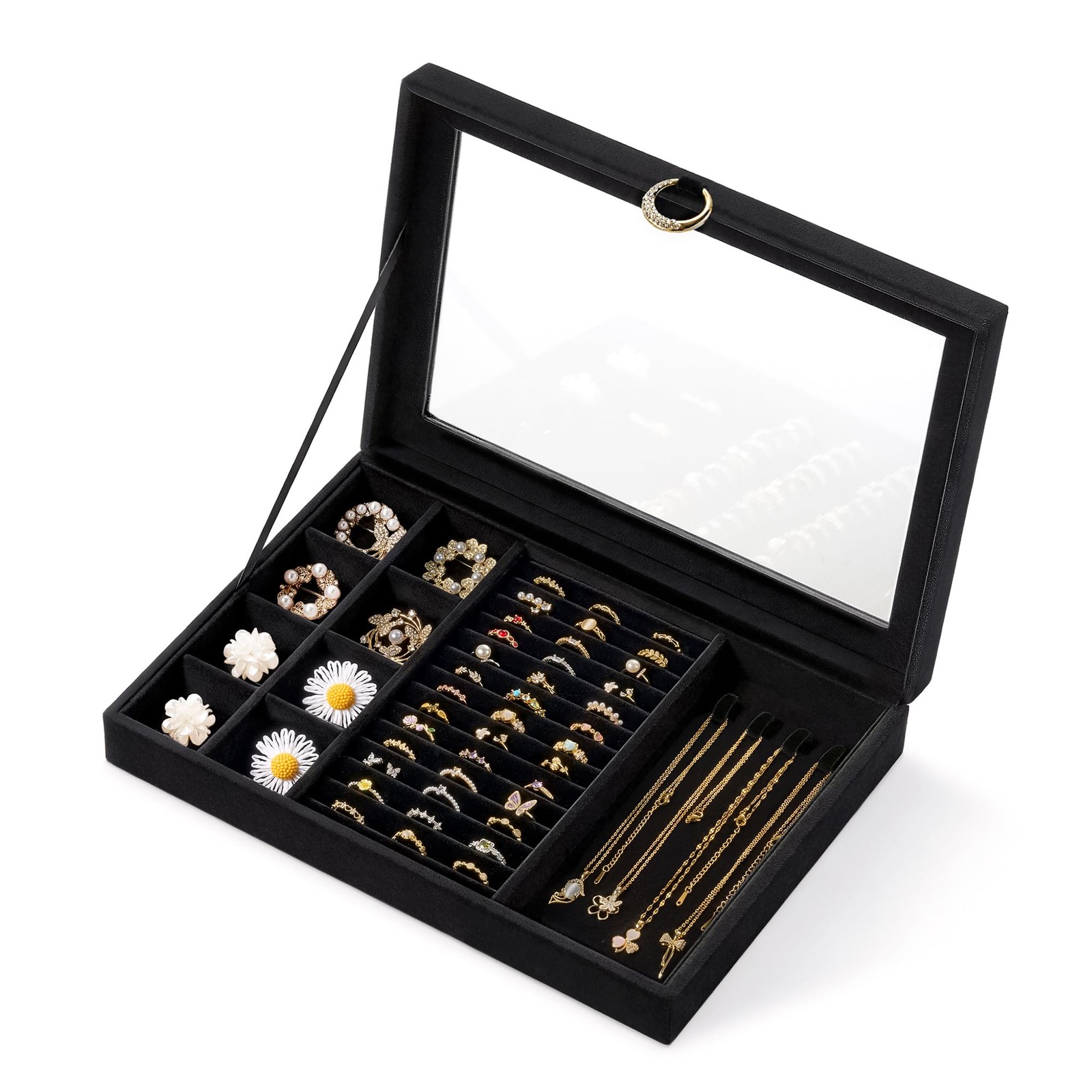 Glass Lid Jewelry Organizer Box – Black Velvet Jewelry Case with Ring Slots, ...
