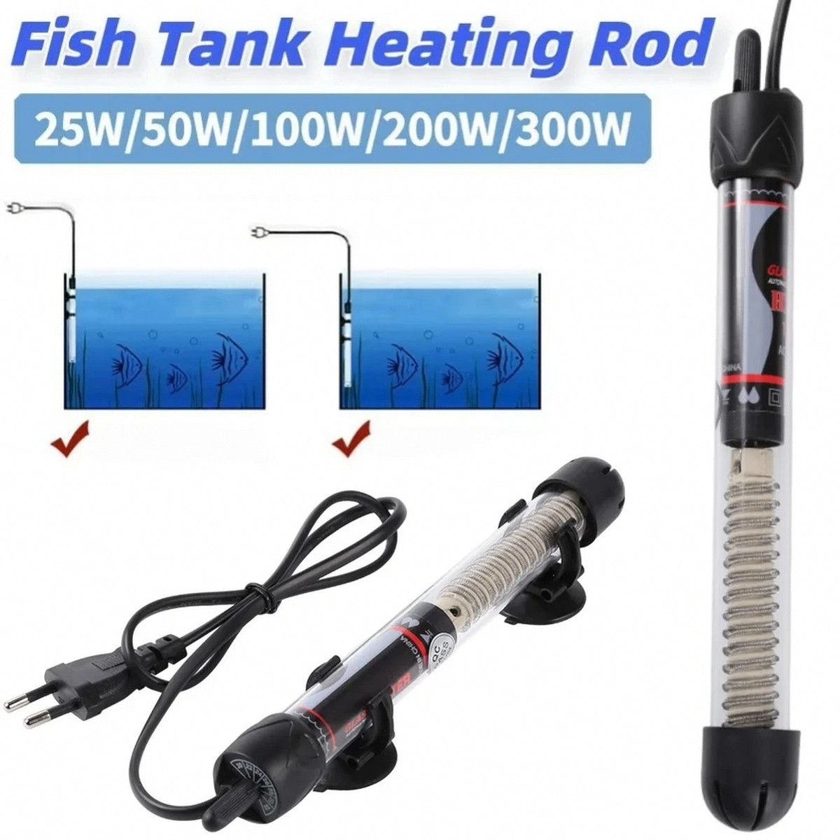 Adjustable Fish Tank Heater Rod 25-300W Thermostat Water Heater For Aquariums 20