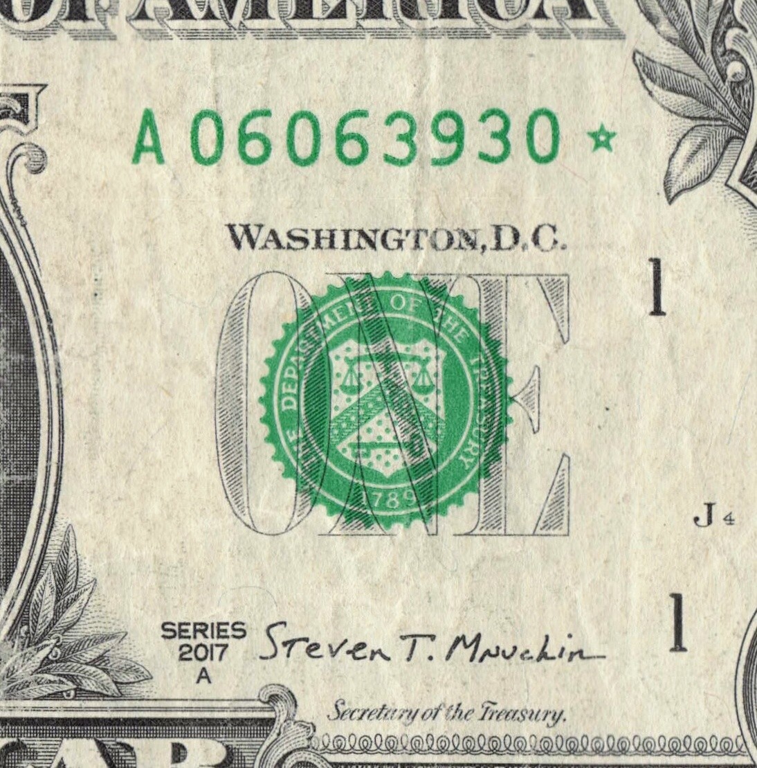 Series 2017A Star Note $1 Dollar Bill A Boston 3.2 M Pack Run DC A06063930*