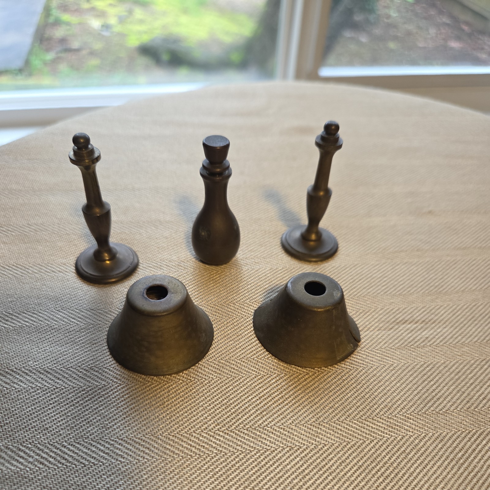 3 VINTAGE MINIATURE BRASS DOLL HOUSE SIZE LAMPS, 2 Shades