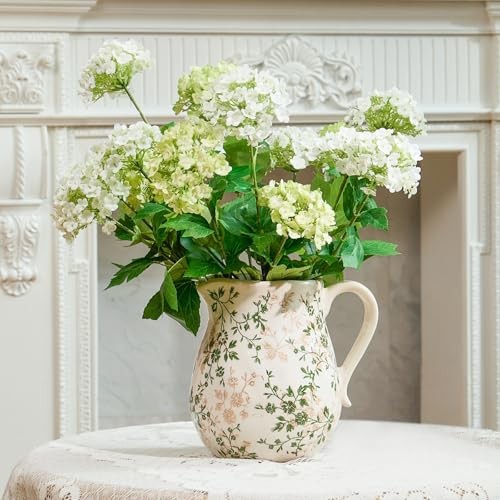 Ceramic Green and White Floral Vase with Handle, Rustic Green and White 8 Inch