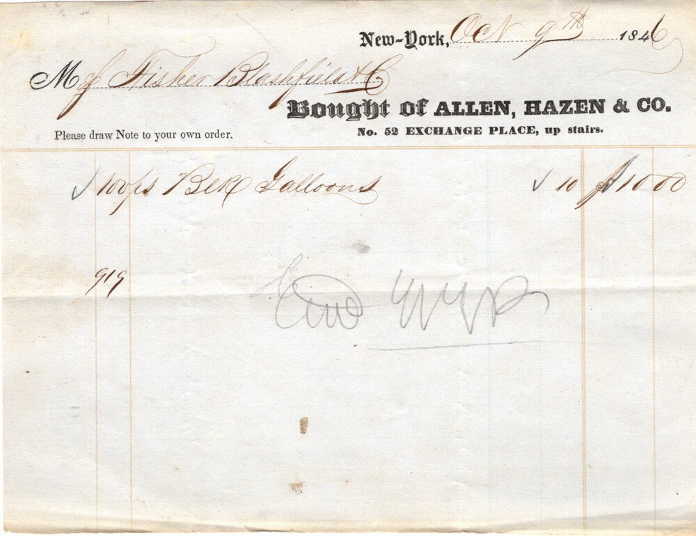 Allen, Hazen & Co., No 52 Exchange Place, New York, Billhead, October 9, 1846 