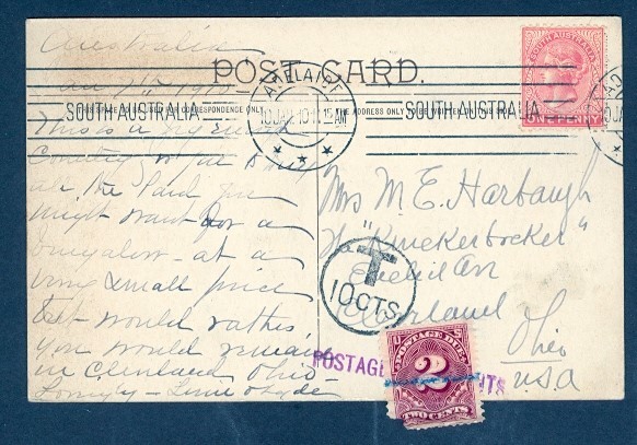 SOUTH AUSTRAILIA 1910 PERTH PPC SHORT PAID TO USA