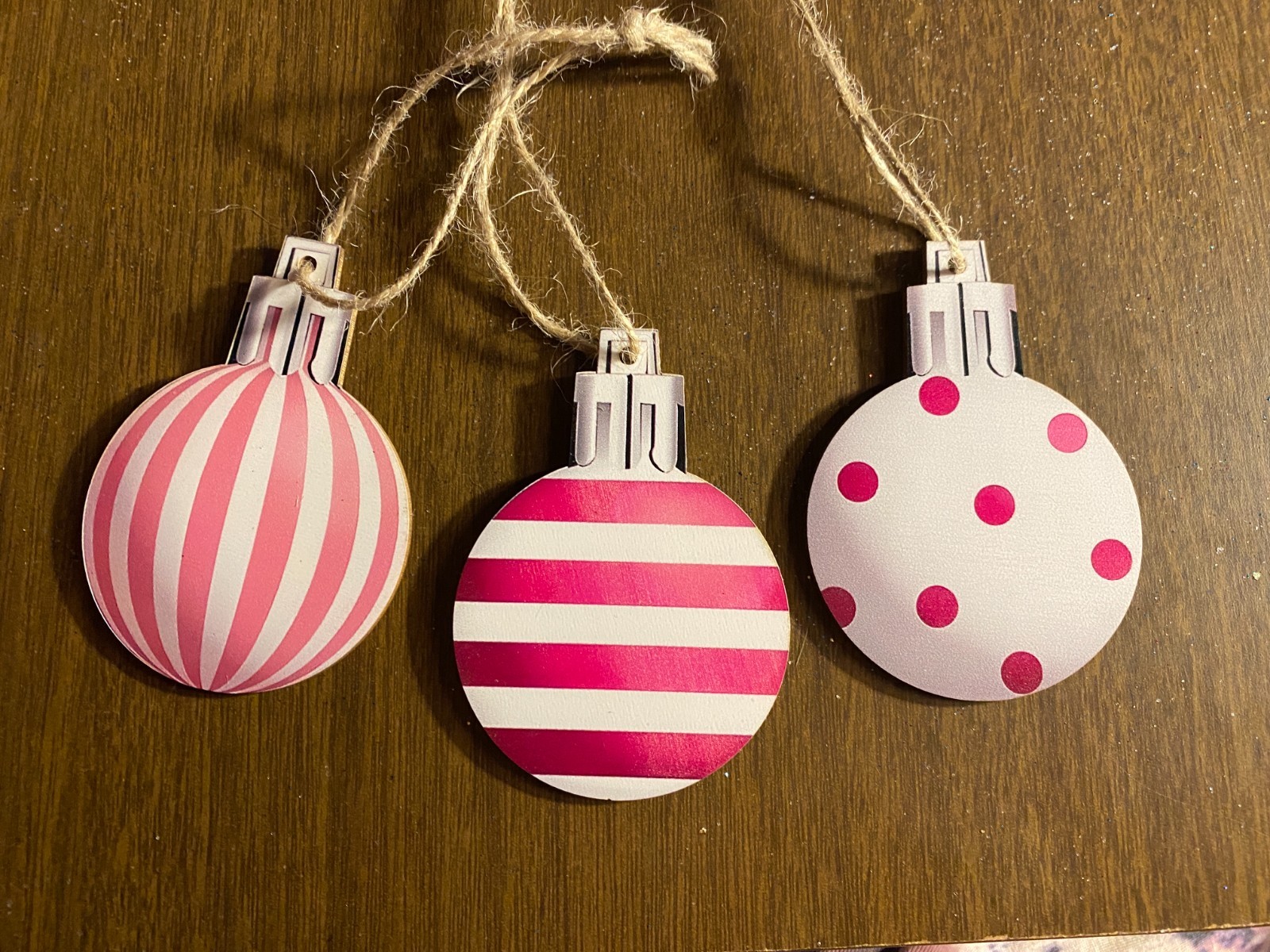 3 Wood Christmas Ball w PINK Stripes & Polka Dot Gift Tags or Ornaments  2 1/4"