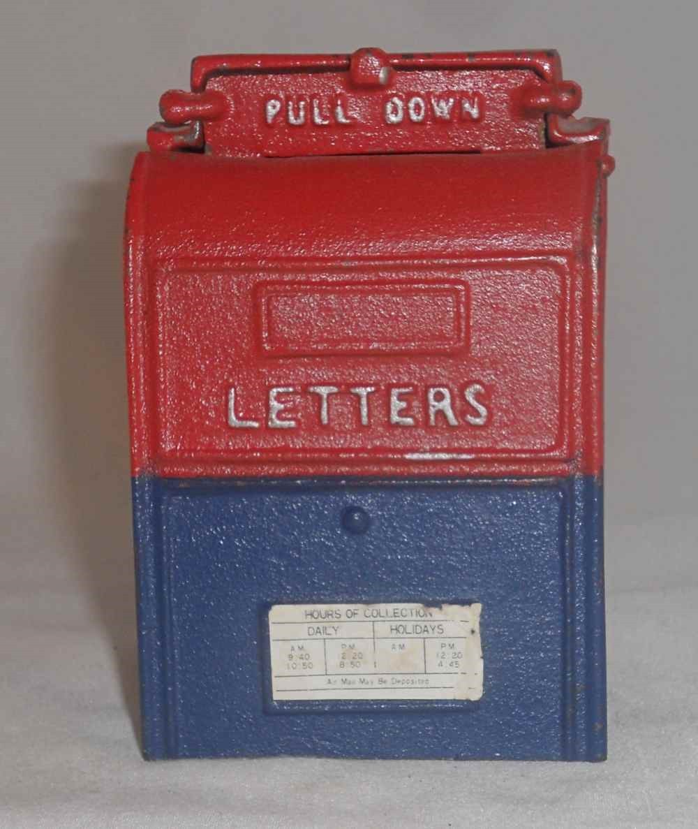 Nice Cast Iron Penny Bank Red and Blue Old Style Hanging Letter Box