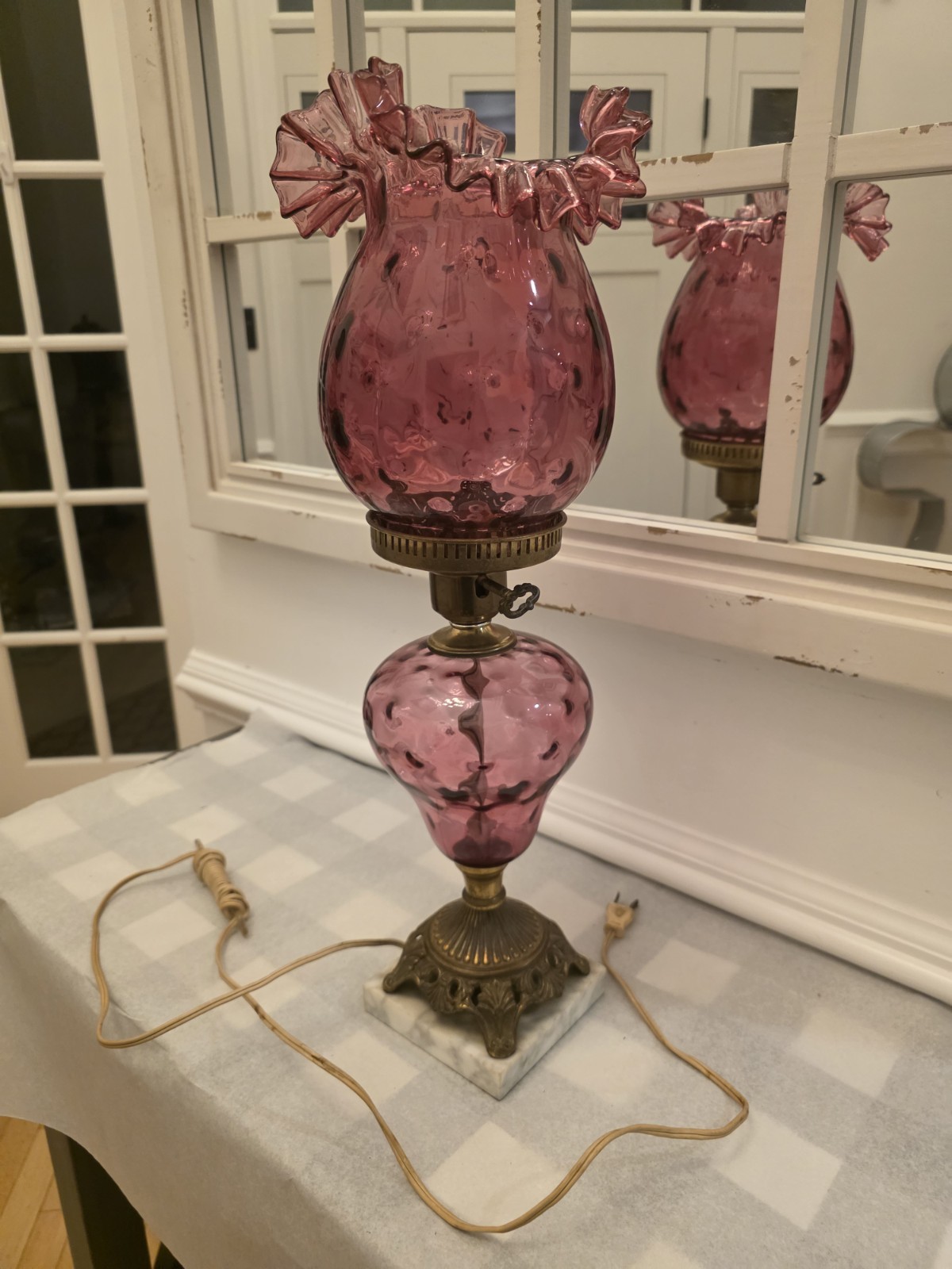 Vintage Fenton Cranberry Gone With The Wind Lamp 24” On Marble Base, No Chimney 