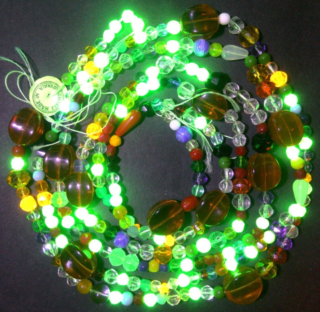 Antique Uranium Glass Czech African Trade Beads w/ Paper Label Long 58" Strand