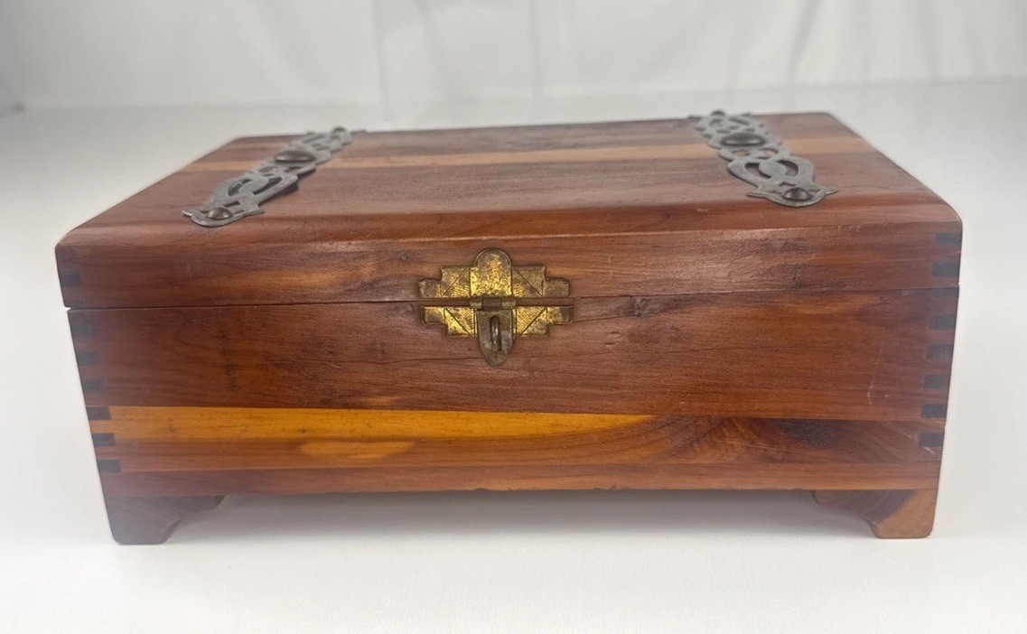 Vintage Solid Wood Jewelry Keepsake Box/Brass Latch And Hinges/Metal Decor Top