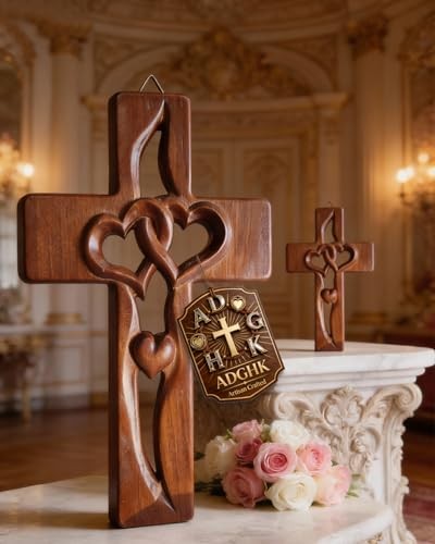Hand-Carved Intertwined Hearts Wooden Cross for Wall Sacred Small Handmade 