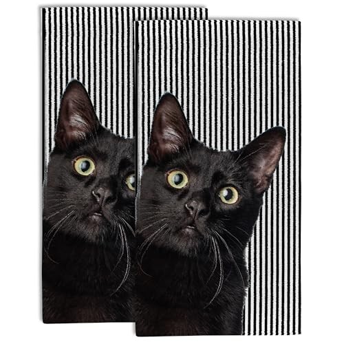 Cute Black Cat Hand Towel for Bathroom Set of 2,Cat on Black White Color10