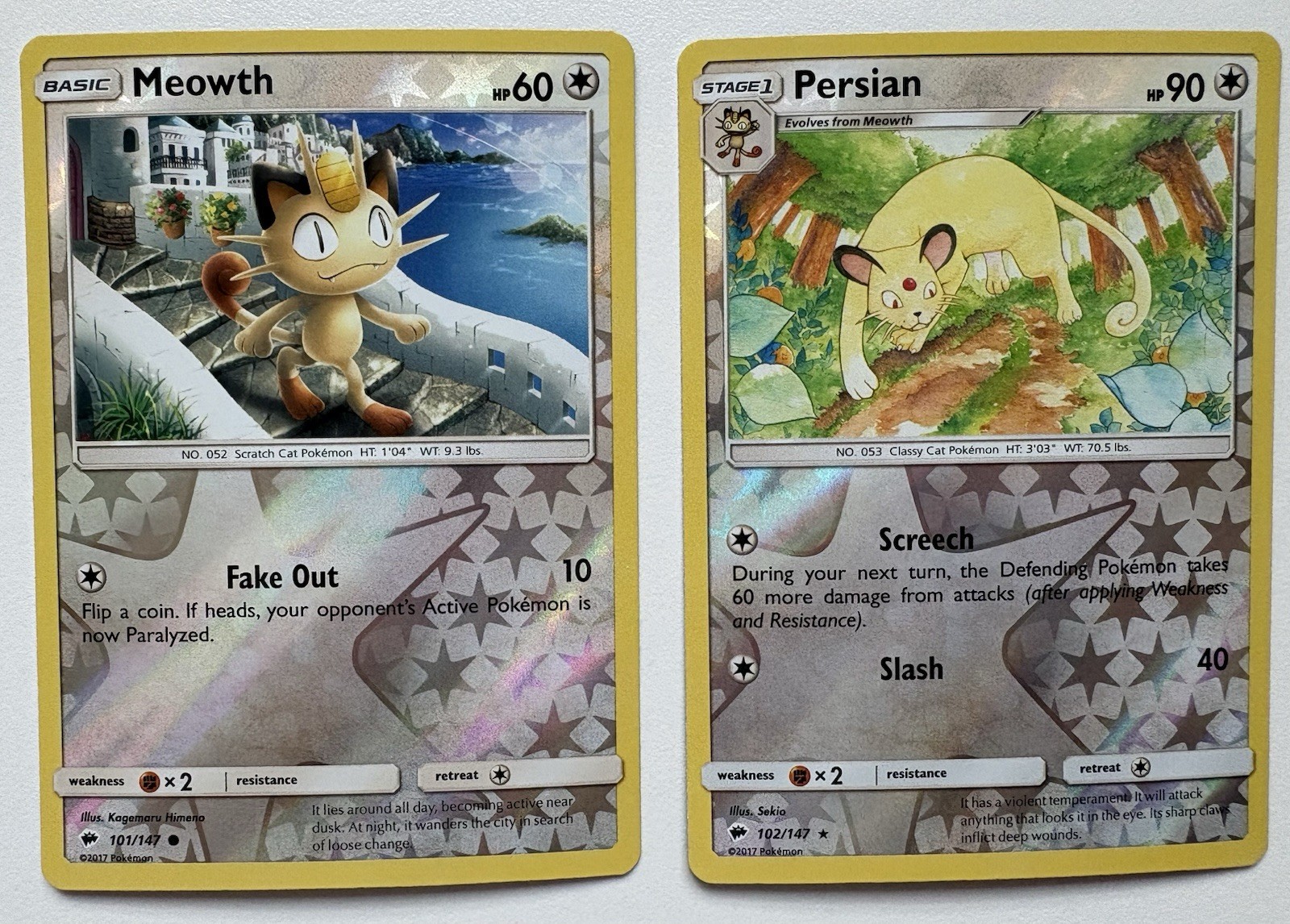 Meowth 101/147 & Persian 102/147 Burning Shadows Reverse Holo NM/VLP Pokemon TCG